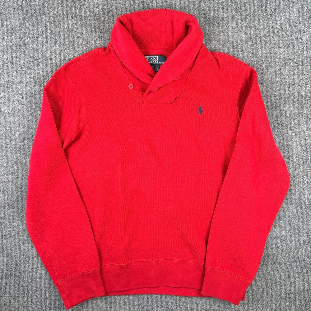 VTG Polo Ralph Lauren Sweatshirt Mens L Red Shawl Neck Pullover Sweater 90s